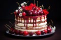 garnishing gateau with fresh cherries