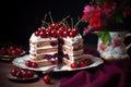 garnishing gateau with fresh cherries