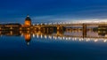 Garonne River at night, with reflections of Saint-Pierre Bridge and Chapel of hÃÂ´pital Saint-Joseph de la Grave, in Toulouse,