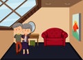 Garret room scene with an old couple in love