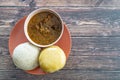 Garri and Pounded Yam served with Ogbono Soup ready to eat