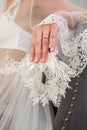 Garter on the leg of a bride, Wedding day moments Royalty Free Stock Photo