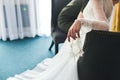 Garter on the leg of a bride, Wedding day moments Royalty Free Stock Photo