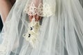 Garter on the leg of a bride, Wedding day moments Royalty Free Stock Photo