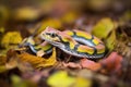 garter snake among autumn leaves on grass Royalty Free Stock Photo