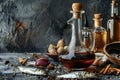 Garum fish sauce in a decanter on the table with fresh sardines and spices.