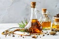 Garum fish sauce in a decanter on the table with fresh sardines and spices.