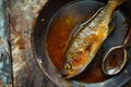 Garum fish sauce in a deep bowl and fish with spices on a wooden table.