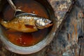 Garum fish sauce in a deep bowl and fish with spices on a wooden table.