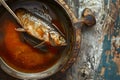 Garum fish sauce in a deep bowl and fish with spices on a wooden table.