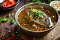Garum fish sauce in a deep bowl and fish with spices on a wooden table.