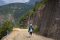 Garut, Indonesia - August 12, 2018 : A girl are enjoying and hiking Papandayan Mountain. Papandayan Mountain is one of the