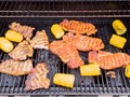 A gas barbeque grill with meat on