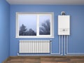 Gas boiler and heater radiator with pipelines on blue wall with window in house. Heating system Royalty Free Stock Photo