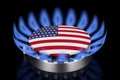 Gas Burner with Blue Flame in Gas Burner Ring  with United States of America Flag. 3d Rendering Royalty Free Stock Photo