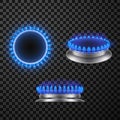 Gas burner blue flame top side view set realistic vector glowing fire ring on kitchen stove Royalty Free Stock Photo