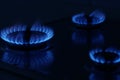 Gas burner with burning blue flames in darkness Royalty Free Stock Photo