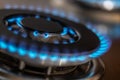 The gas burner burns with the blue flame of a propane butane stove in a home kitchen or hotel restaurant Royalty Free Stock Photo