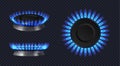 Gas burner with flame, glowing fire on kitchen stove. Burning propane butane in oven for cooking Royalty Free Stock Photo