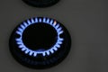 Gas burner of modern stove with burning blue flame at night Royalty Free Stock Photo