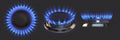 Gas burner. Realistic blue fire stove. Kitchen appliance flame for cooking food. Top and side view of burning blaze on transparent Royalty Free Stock Photo