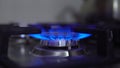 The gas burner on the stove burns. The flame is blue. Royalty Free Stock Photo