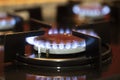 The gas burns in the burner of a kitchen stove. Close up