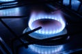 Gas burns in dark at home, blue fire flame of stove ring burners Royalty Free Stock Photo