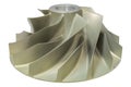 Gas compressor impeller mad from aluminium machined with CNC machine isolate on white background.