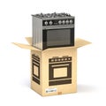 Gas cooker in cardboard box isolated on white. Household kitchen appliances purchasing online concept