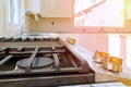 Gas Cooker Installation Gas Appliance Repair new house gas stove close up Royalty Free Stock Photo