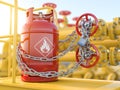 Gas crisis concept. Gas bottle and gas pipe line locked with chain Royalty Free Stock Photo