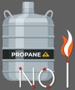 Gas cylinder, canister with fuel storage. Balloon with flammable substance near fire warning Royalty Free Stock Photo