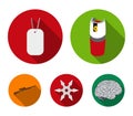 A gas cylinder, a soldier`s token, a sniper rifle, a shuriken. Weapons set collection icons in flat style vector symbol