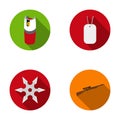 A gas cylinder, a soldier`s token, a sniper rifle, a shuriken. Weapons set collection icons in flat style vector symbol