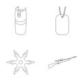 A gas cylinder, a soldier`s token, a sniper rifle, a shuriken. Weapons set collection icons in outline style vector