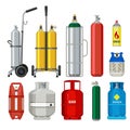 Gas cylinders. Butane helium acetylene propane metal tank cylinder petroleum station tools vector illustrations