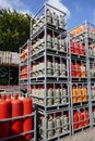 Gas cylinders. Storage in lattice boxes, ready for transport Royalty Free Stock Photo