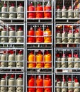 Gas cylinders. Storage in lattice boxes, ready for transport Royalty Free Stock Photo