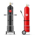 Gas cylinders on trolley dangerous red and black containers set realistic vector illustration