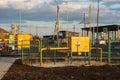 Gas distribution station, pressure reduction. Yellow gas pipes i Royalty Free Stock Photo