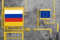 gas distribution system with the flags of Russia and the European Union. The concept of abandoning Russian gas Royalty Free Stock Photo