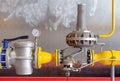 Gas equipment valve, gas pressure regulator, mechanical filter, pressure gauge in a gas boiler room