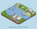 Gas extraction nautical process refinery flat isometric vector Royalty Free Stock Photo