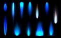 Gas flame illuminated abstract blue vibrant burning fire set realistic vector glow flare