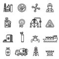 Gas industry extraction production and transportation gas icons set with tanker truck petroleum can and pump. thin line design. Royalty Free Stock Photo