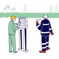 Gas Industry with Characters Working on Pipeline. Engineer Control Pipe, Production Operator Record Data to Log Book