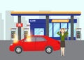 Gas inflaming car on gas filling station with fuel symbol and scared girl flat vector illustration. Flames on car