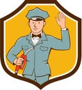 Gas Jockey Attendant Waving Shield Cartoon