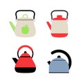 Gas kettles. Flat style teapots. Cookware collection. Metal and plastic samples. Color illustration set. Vector icons. Mockup